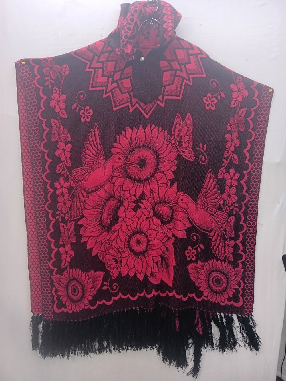 Women's Heavyweight Woven Poncho Black Red Floral Fringe Boho Cape